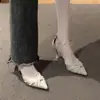 Tacones Altos de Cuero Suave para Mujer 2025 Nuevo Otoño Stiletto Moda Elegante Francés Pedrería Hebilla Correa Zapatos de Salón