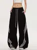 Pantalones de Pierna Ancha Retro Americano con Bloques de Color y Tres Rayas, para Mujer, Diseño Verano 2025, Deportivos Sueltos