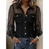 2026 Comércio Exterior Transfronteiriço Moda Feminina Site Independente Moda Europeia e Americana Casual Gola V Estampado Jeans Falso Chiffon Manga Longa Top