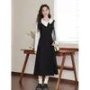 Elegante vestido de primavera y otoño con bloques de color de estilo transfronterizo para mujer, con un toque de lujo ligero y alta gama, falso dos piezas, vestido largo de línea A que ciñe la cintura