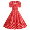 X comercio exterior transfronterizo fuente de ropa para mujer estilo Hepburn cuello cuadrado manga corta lazo gran vuelo lunares vestido vintage de los años 50