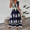2026 Europeu e Americano Amazon Aliexpress Novo Estilo Moda Verão Estampado Decote V Ajuste na Cintura Vestido Longo Roupa Feminina