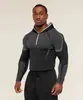 Camisa de Running Training Fitness Ciclismo de Secado Rápido con Capucha y Media Cremallera para Hombre, Corte Americano Delgado, Tiburón, Manga Larga