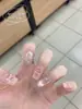 Uñas Postizas Pre-Hechas Hechas a Mano Rosa Nude Perla Moño 3D Terapia de Luz Super Iluminadoras para Uñas Cortas