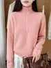 Suéter de Punto Grueso para Mujer Invierno 2026, Nuevo Estilo, Cuello Alto, Media Cremallera, con Dobladillo de Ganchillo Hueco, Suéter de Lana
