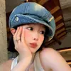 Boina de Mezclilla Lavada Desgastada Ripped Moda Femenina Sombrero Octagonal con Visera para Cabeza Grande Sombrero de Boina Retro de Periódico Pintor