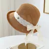 Chapéu de sol de fita com laço estilo Hepburn francês para mulheres, chapéu bucket para férias de verão na praia, chapéu de pescador dobrável com proteção solar