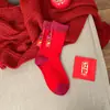 Meias Vermelhas de Ano Novo para Mulheres com Etiquetas de Tecido e Bom Significado, Meias de Cano Médio para Casais no Ano de Nascimento, Meias de Estilo Chinês para o Ano Novo