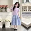 Conjunto de Duas Peças Verão 2026 Novo Estiloso para Meninas com Listras, Manga Curta, Doce, Fashionável, Bonito, Renda, Saia Longa