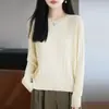 Suéter de punto trenzado de algodón puro con cuello redondo para mujer, top de punto de manga larga, elegante y versátil, camiseta básica, nuevo modelo de otoño e invierno