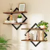 Estantería de pared de hierro forjado con forma de diamante y madera maciza, estante de pared de doble capa, decoración de pared de fondo para sala de estar, estante de exhibición y estante de almacenamiento