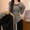 Camiseta de Manga Larga al por Mayor Transfronteriza para Mujer con Cuello Redondo, Camiseta para Capas Interiores, Top Irregular Ajustado Caliente y Sexy