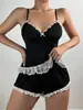 Conjunto de Pijama de Top Camisola con Ribete de Encaje Negro y Shorts Ropa de Salón