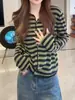 Cardigan de Punto con Rayas Estilo Coreano Cuello Redondo Manga Larga para Mujer 2026 Nuevo Principios de Otoño Top de Alta Gama Holgado Adelgazante