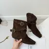 Botas de Caballero Retro Francesas para Mujer Otoño Nuevo Estilo Aumento Interno de Altura Suela Suave Botines Western con Tacón Grueso Botas para Pantalones Superficie de Gamuza y Felpa