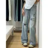 Jeans Reto Azul Vintage Rasgado para Mulheres, Novo Estilo de Verão, Tamanho Plus, Adequado para Corpo Tipo Pera, Cintura Alta, Calça Wide-Leg Emagrecedora