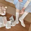 Calcetines a Cuadros Azules y Blancos con Lazo para Mujer, Primavera y Otoño, Cinco Colores, Calcetines Retro de Media Pantorrilla, Calcetines Holgados Dulces con Volantes y Patchwork, Estilo Primavera