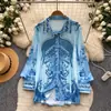Camisa Feminina Manga Longa Estampa Floral Retro Estilo Coreano para o Trabalho Primavera Solta Cardigan Gola Lapela Botão Único Moda Top