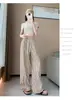 Pantalones de rayas verticales retro americanos para mujer, nuevo estilo verano 2026, pantalones de pierna ancha petite, pantalones rectos casuales holgados y adelgazantes