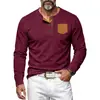 Camisa Henley de pana tejida transfronteriza para hombre 2026, tres botones, media tapeta, bloques de color, bolsillo de parche, manga larga