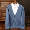Cardigã de Lã Masculino com Gola V, Botões e Bolsos, Casaco Suéter Quente Tricotado para Meia-Idade e Idosos, Dropshipping Transfronteiriço da Amazon