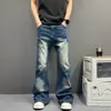 Jeans Masculino Cleanfit Retro Azul Lavado Outono/Inverno Estilo Vibe Americana Lama Amarela Envelhecido Perna Reta Levemente Flare