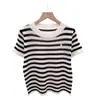 Camiseta de Punto de Manga Corta con Cuello Redondo y Rayas de Verano, Moderna, Casual, Versátil, Ligera, Estilo Nuevo, Transpirable y Cómoda para Mujer