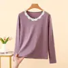 Nuevo Top Básico de Encaje Patchwork de Manga Larga para Mujer Otoño/Invierno 2026, Top Interior de Cuello Redondo, Engrosado Cepillado para Calidez, Ropa de Otoño