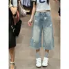 Shorts jeans estilo retrô americano com estampa de estrelas desgastada para mulheres, calça cropped solta de verão plus size