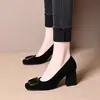 2026 Nuevos Zapatos de Salón de Tacón Grueso de Gamuza con Hebilla Cuadrada para Mujer, Punta Cuadrada Negra, Corte Bajo, Tacones Altos, Estilo Elegante para Combinar con Faldas, Cómodos para los Pies