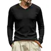 Camiseta informal de manga larga para hombre, color liso, de canalé, cuello en V, con textura de raya vertical, para otoño e invierno, transfronteriza