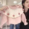 Suéter Nuevo Estilo Coreano para Niñas Otoño Invierno 2026 con Pompones y Encaje Pulóver Grueso Ropa Exterior Elegante Capa Base Transfronterizo