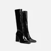 Botas largas negras para mujer, nuevo modelo verano 2026, botas de jinete de caña alta con punta cuadrada, botas largas de charol hasta la rodilla con tacón grueso alto