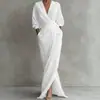 2026 Nuevo Estación Independiente Europea y Americana de Amazon Elegante Color Sólido Cuello en V Manga Larga Abertura Cintura Ceñida Bolsillo Vestido Largo