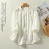 Camisa de Verano para Mujer Estilo Nuevo con Mangas Plisadas tipo Acordeón Color Sólido Top de Algodón y Lino Cuello Alto Estilo Casual Simple Holgado
