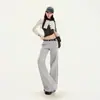 Pantalones casuales para mujer con pierna acampanada, cintura pequeña en V, estilo americano, hasta el suelo, plisados, pantalones largos grises de alta gama, pantalones cargo extralargos
