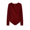 Suéter Inno para Mujer Tallas Grandes Estilo Francés Cuello en V Cruzado Invierno Rojo Estilo Año Nuevo Ajustado Camisa Base 433916