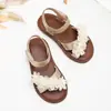 Sandálias de Verão Abertas para Meninas com Renda de Pérolas e Flor, Fecho de Velcro, Sola Macia, Estilo Princesa Retrô