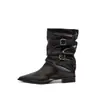 Botines retro de punta fina, con tacón grueso, para mujer, nueva colección de otoño, con hebilla de cinturón y detalles plisados, Botas de vaquero occidentales
