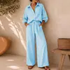 Conjunto de dos piezas de moda europea y americana para mujer 2026, verano transfronterizo, nuevo estilo, camisa de manga larga a rayas para mujer y pantalones holgados