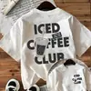 Top casual de verano para mujer con estampado a doble cara, estilo sencillo, con un elemento de etiqueta de taza de café helado, cuello redondo, manga corta