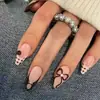 Uñas Postizas Portátiles Cuadros Retro Transfronterizos Francesas Almendra Mediana Uña con Botón de Lazo Cuadros Marrones Decoración de Uñas Puntas de Uñas Postizas