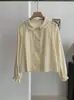 KEKEZOON Blusa de Manga Larga de Color Sólido con Doble Botón y Cuello de Muñeca de Encaje para Mujer, Top Suave y Elegante, Moderna 8901