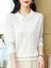 Top de punto con cuello polo de hilo de núcleo para mujer, camiseta de manga larga, nuevo estilo otoño 2026, cuello de solapa, camiseta básica para madres de mediana edad