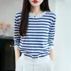 25 suéteres nuevos de punto de algodón a rayas para otoño e invierno para mujer, cuello redondo, corte holgado, elegantes y rejuvenecedores, perfectos como capa base o prenda superior