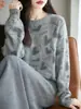2025 Nuevo Otoño e Invierno Lana Peinada Cuello Redondo Tejido de Punto Manga Larga para Mujer Jacquard de Corazón Suelto Jersey Camiseta Base