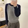 Suéter casual de punto trenzado con bloques de color y cuello redondo de estilo coreano con mangas raglán para mujer, adecuado para otoño e invierno, versátil para ir al trabajo y para uso casual