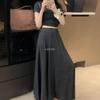 Traje Elegante de Ropa de Trabajo Estilo Perezoso Transfronterizo Europeo y Americano Color Puro Cintura Larga Falda Larga Conjunto de Dos Piezas para Mujer Pg0342