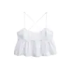 Top Colete Curto Feminino Popeline Branco com Barra Franzida e Alças Verão 2025 Sexy Europeu e Americano Sem Costas