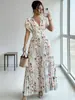 Vestido Largo Floral con Pliegues, Cintura Ajustada, Cuello en V, Mangas Abullonadas, Estilo Francés, Nuevo Estilo 2026, con Ambiente Festivo y Temperamento Elegante